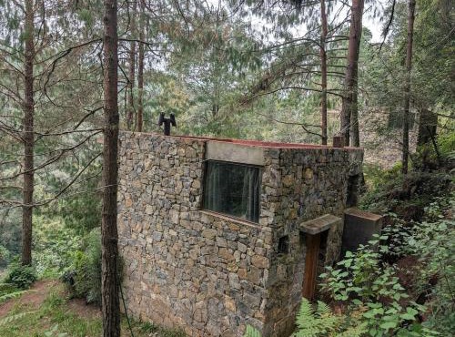 Cabañas de piedra suspendidas en el bosque
